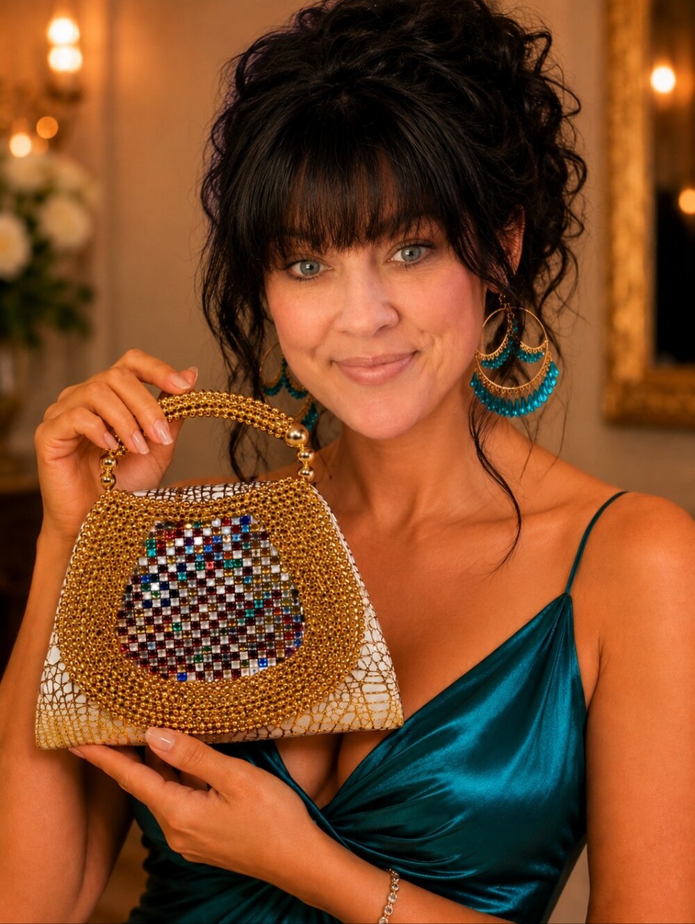 Bodega Baddie Boho Art Glam Bundle Beaded Top Handle Bag Blue Gold Disc Earrings